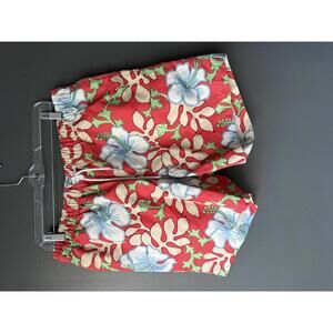 Land’s End Men's Red Floral Print Swim Shorts with Elastic Waist